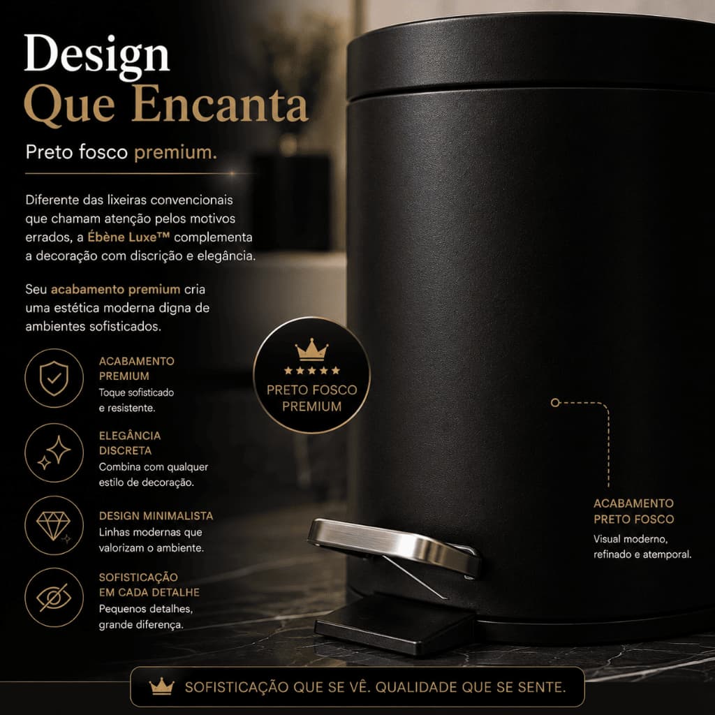 Lixeira com Pedal 5 Litros Preta Fosca Balde Removível Compacta