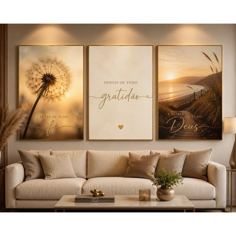 Kit 3 Quadros Decorativos Fé Gratidão Deus | Decoração Moderna para Sala, Quarto e Escritório