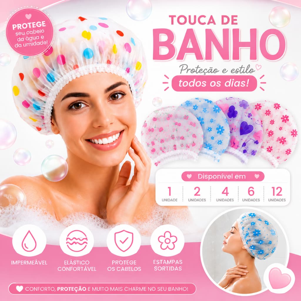 Touca de Banho Até 12 Unidades Impermeável com Elástico Hidratação Tintura Cabelo Estampas Sortidas Of