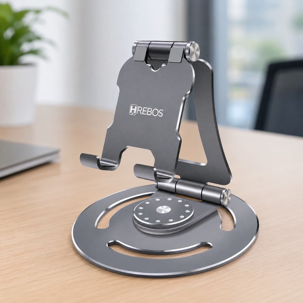 Suporte de Mesa Hrebos em Metal com Base Giratória 360° Compatível com Celulares e Smartphones