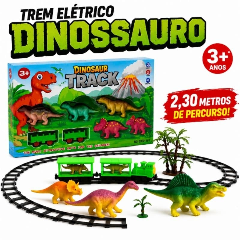 Trem Elétrico Infantil Dinossauro com Trilhos 2,30m Locomotiva Montável + 3 Dinossauros