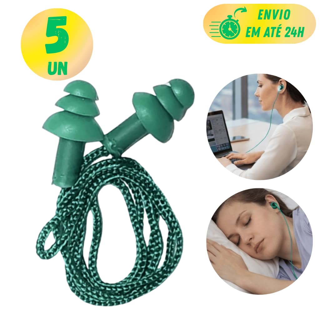 PROTETOR PLUG 17dB TIPO TAMPÃO COM CORDÃO VERDE SILICONE DE OUVIDO AURICULAR PARA TRABALHO INDUSTRIA E CONSTRUÇÃO