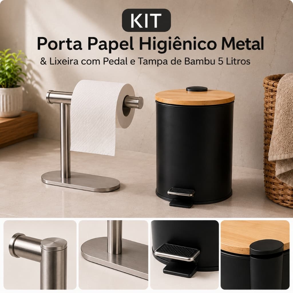Kit Porta Papel Higiênico Metal Lixeira Pedal Tampa Bambu 5L Banheiro Organizador Cesto Elegante
