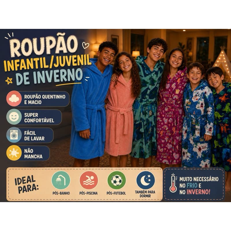 ROUPÃO INFANTIL ESTAMPADO. ROUPÃO INFANTIL SUPER FOFINHO. ROUPÃO PÓS BANHO/NATAÇÃO. ROUPÃO INVERNO.