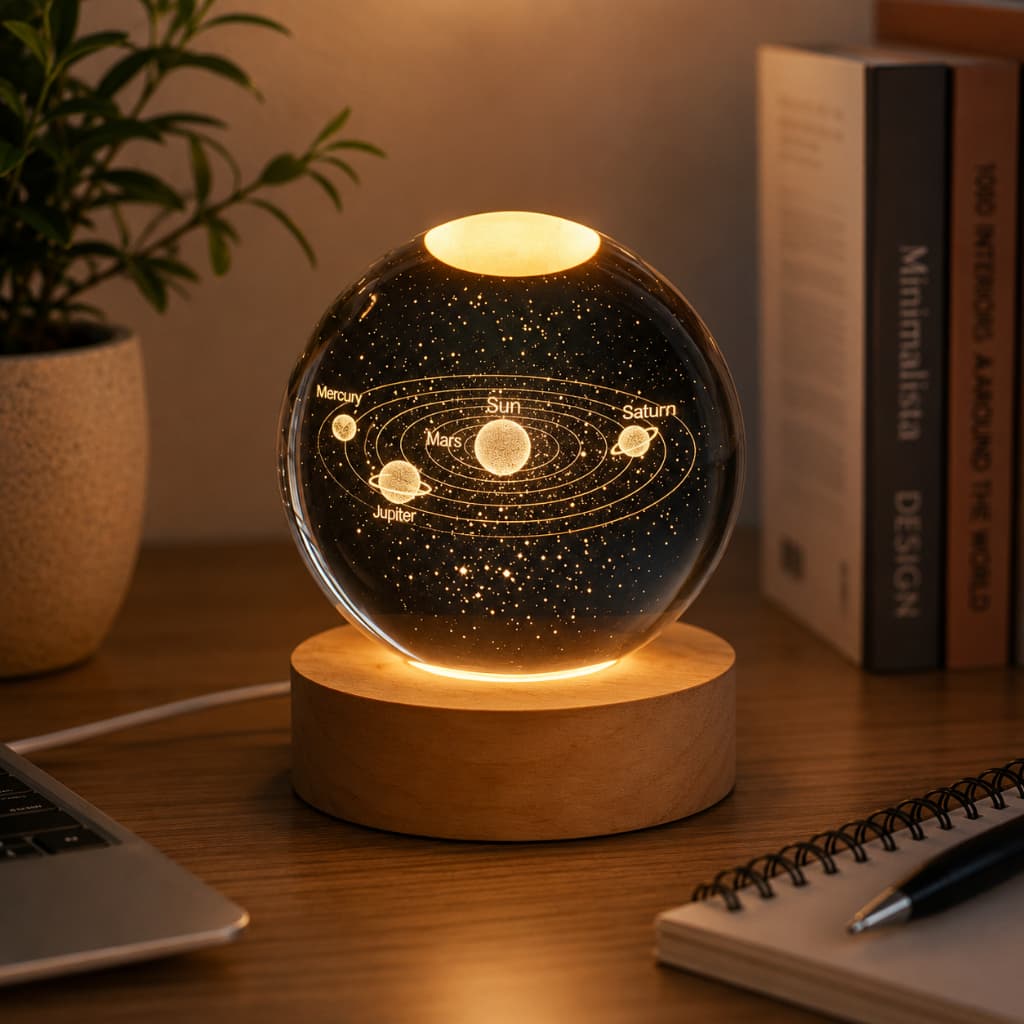 Luminária Bola de Cristal Decorativa 3D LED  Galáxia Lua Sistema Solar Astronauta Decoração para Quarto e Sala