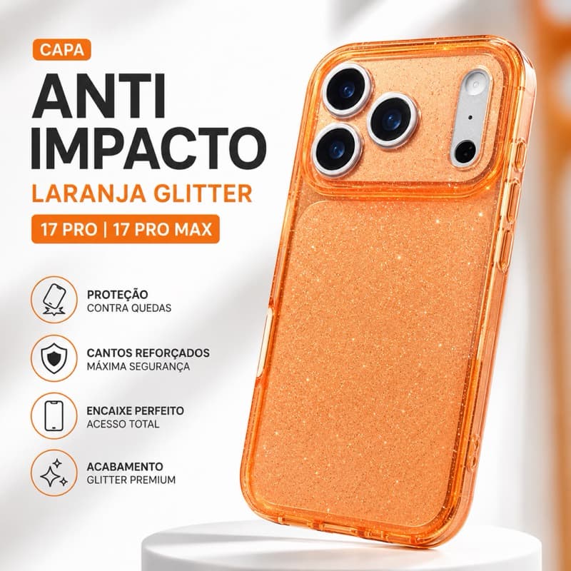 Capa Glitter Anti Impacto para iPhone 17 Pro e 17 Pro Max Transparente Laranja com Proteção Reforçada