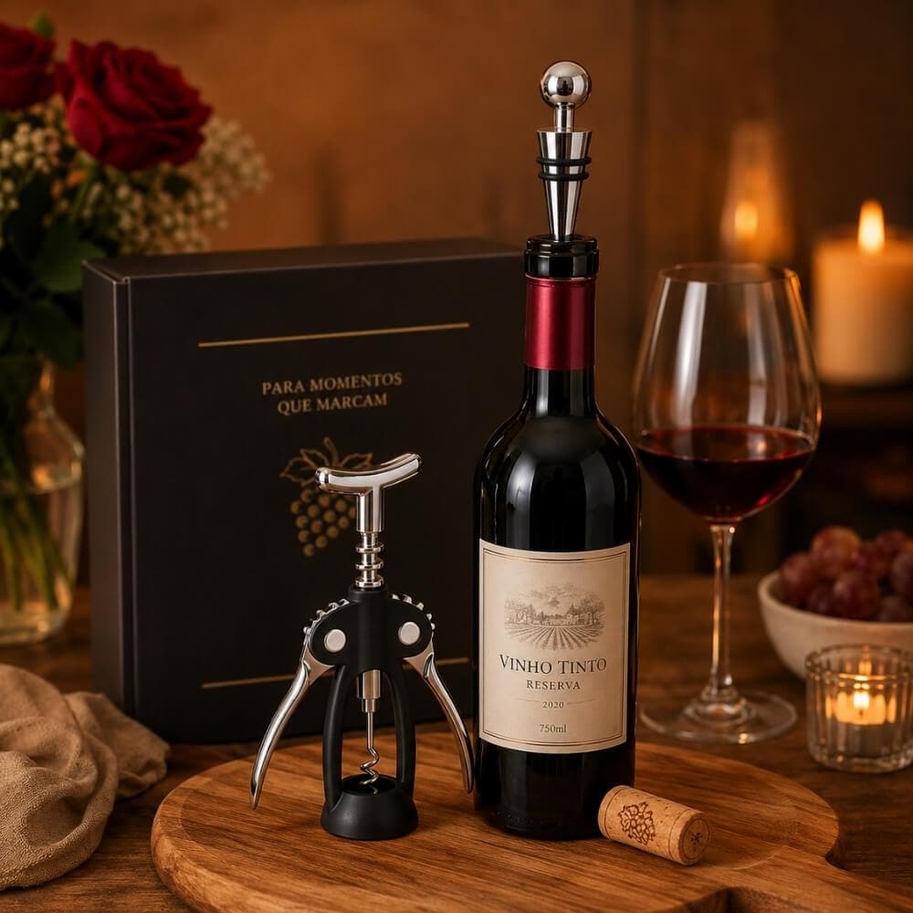 Kit Abridor de Garrafa Vinho Saca Rolha + Tampa Para Garrafa de Vinho