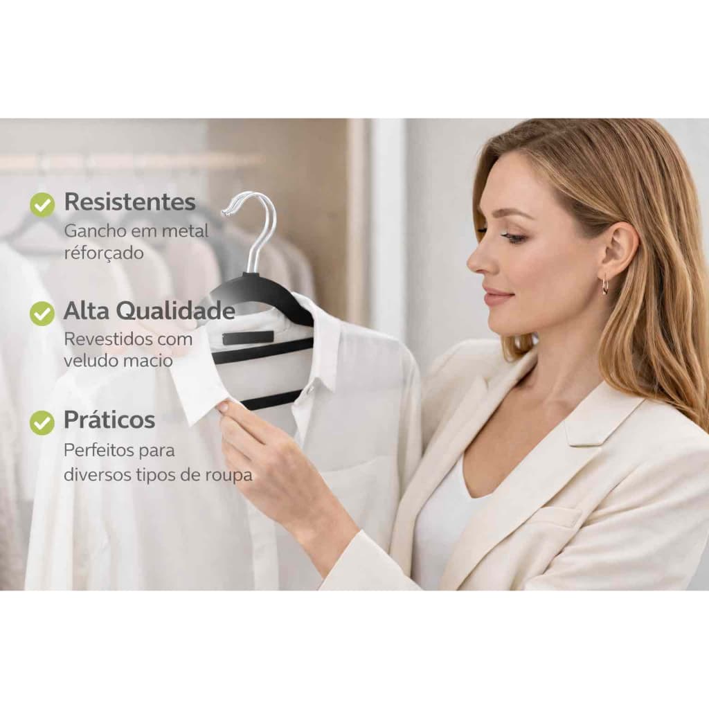 Kit 10 Cabides Slim Veludo Preto Antiderrapante Organizador Guarda Roupa Economiza Espaco