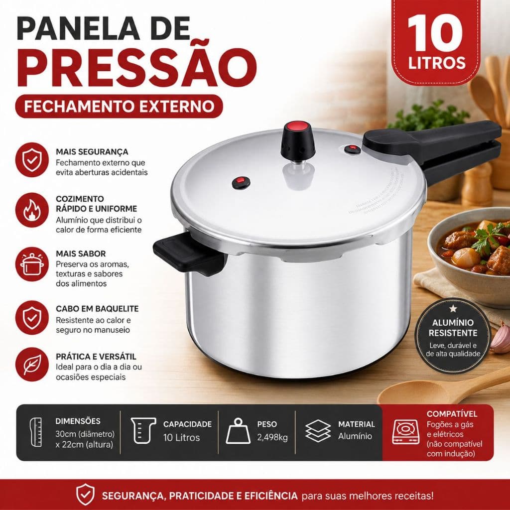Panela de Pressão 10 Litros Fechamento Externo Alumínio Grande Capacidade Segura