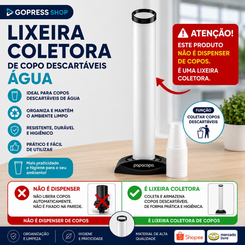 LIXEIRA COLETORA PARA COPOS PLÁSTICOS DE AGUA/CAFÉ “SIMPLES E DUPLO” (emb.cx.ind.) PAPACOPO - NOBRE