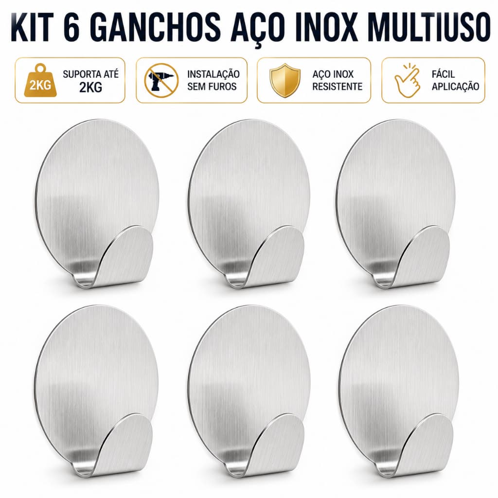 Kit 6 Ganchos de Metal Adesivos Sem Furo | Organizador para Cozinha e Banheiro
