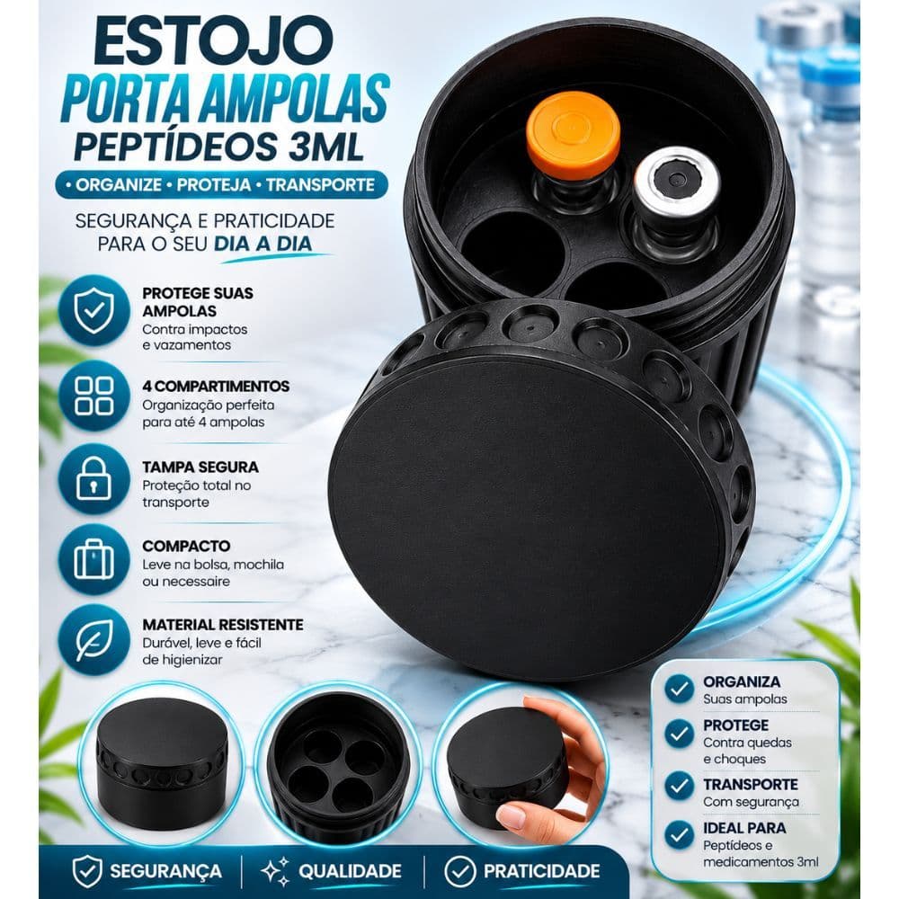 Estojo Porta Ampolas 3ml Organizador 4 Compartimentos Compacto Tampa Rosca Proteção Transporte Peptídeos