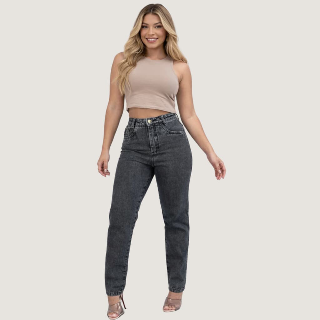 Calça Mom Jeans Feminina Cintura Alta Cinza Grafite Premium