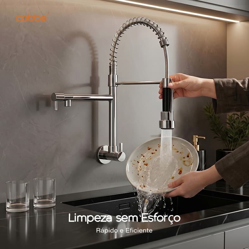 Torneira Gourmet de Parede Para Cozinha 2 em 1 Ducha Spray Flexível 360° Inox 304 Heemli