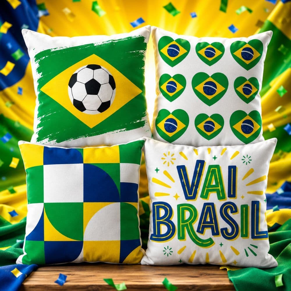 Kit 4 Capas de Almofada Brasil Futebol Copa do Mundo 45x45 Microfibra Macia Antialérgica Com Zíper Invisível