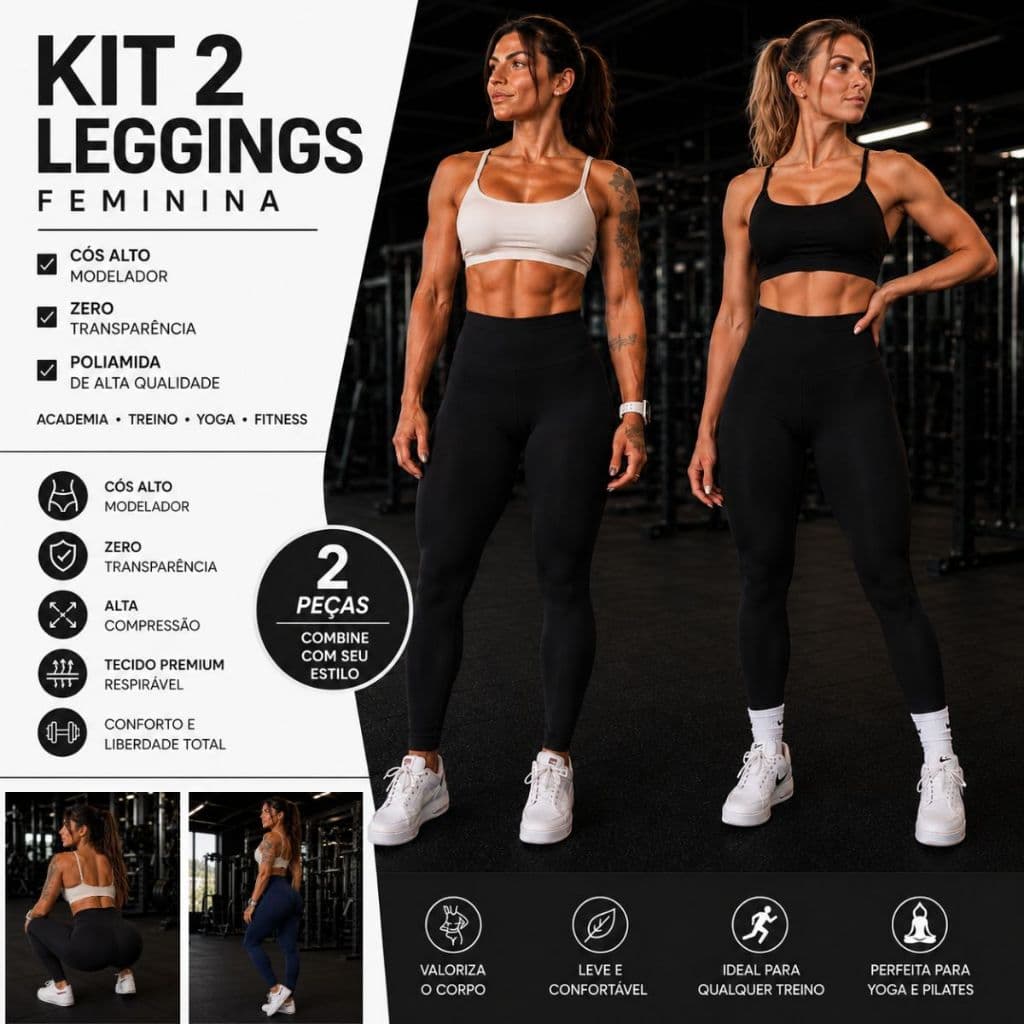 Kit 2 Leggings Feminina Cós Alto Zero Transparência Poliamida Academia Treino Yoga Fitness