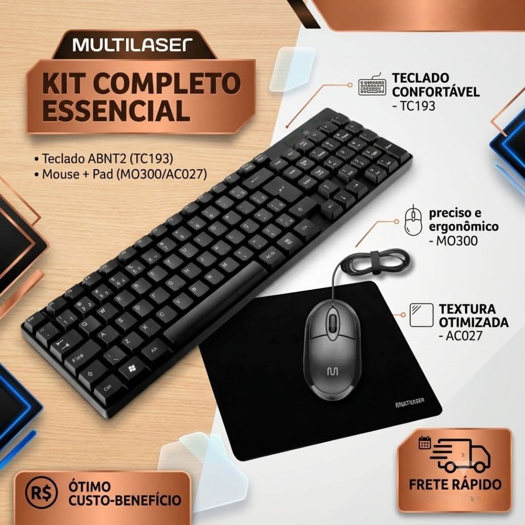 Kit Teclado TC193 Com Fio Multilaser USB + Mouse Mo300 + Mouse Pad AC027