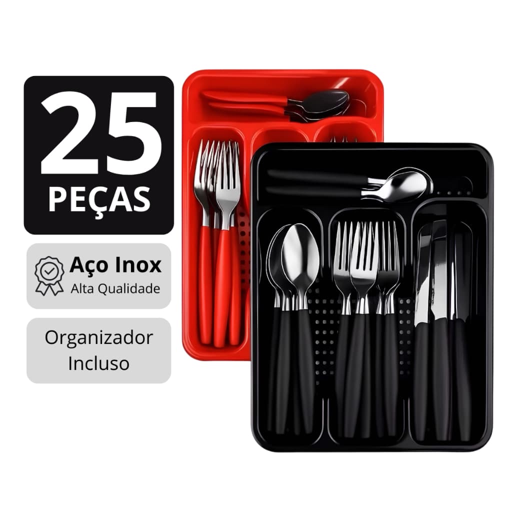 Jogo De Talheres 25 Peças Inox Conjunto Faqueiro Com Porta Garfos Colheres E Facas