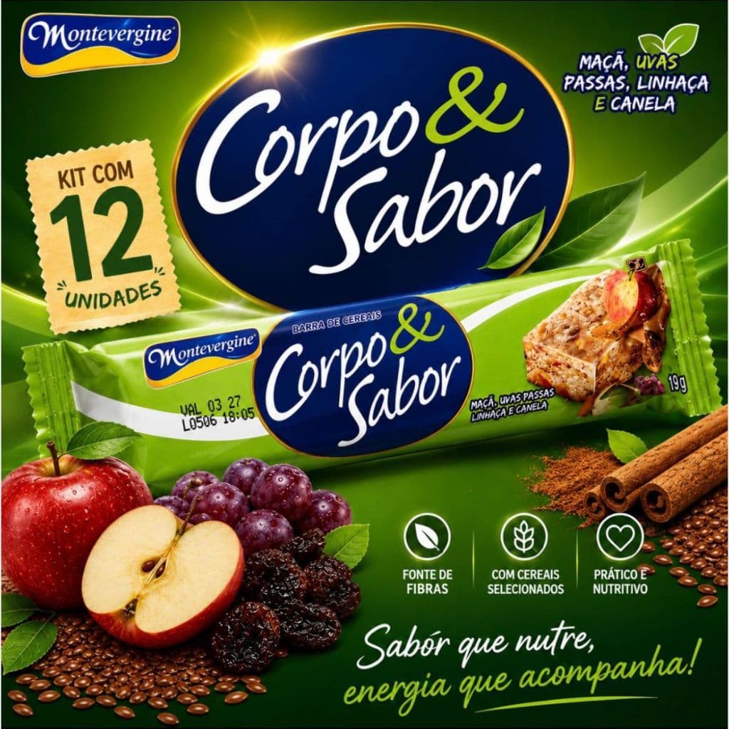 Kit 12 Barra de cereais Corpo & Sabor Maçã, Uva Passa, Linhaça e Canela Montevérgine