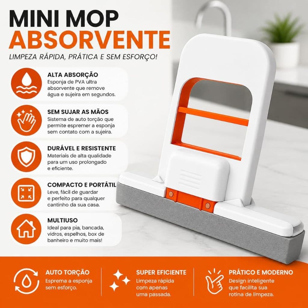 Mini Mop Absorvente Portátil para Pia e Bancada – Rodo Esponja de Limpeza Rápida com Auto-Torção.
