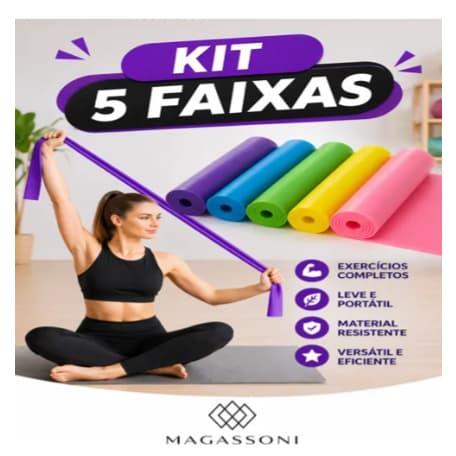 Kit 5 Faixas Variadas Elásticas Yoga Academia Fisioterapia Pilates