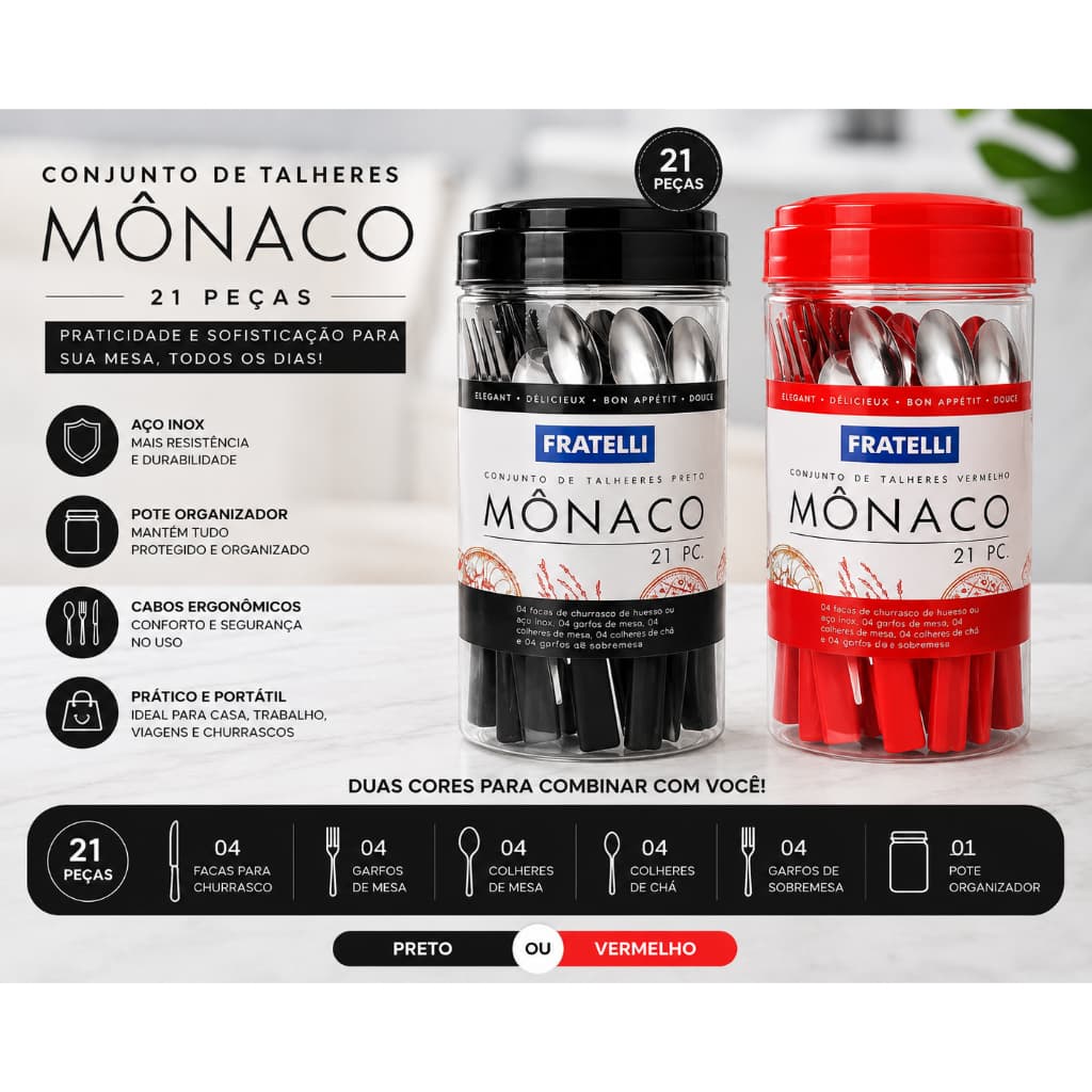 Jogo Talheres Mônaco 21 Peças Preto Com Pote Organizador Inox