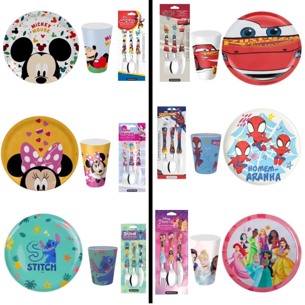 Kit Prato Raso + Talher + Copo Infantil Disney Plástico BPA Free Criança Refeição Carros Princesa Stitch