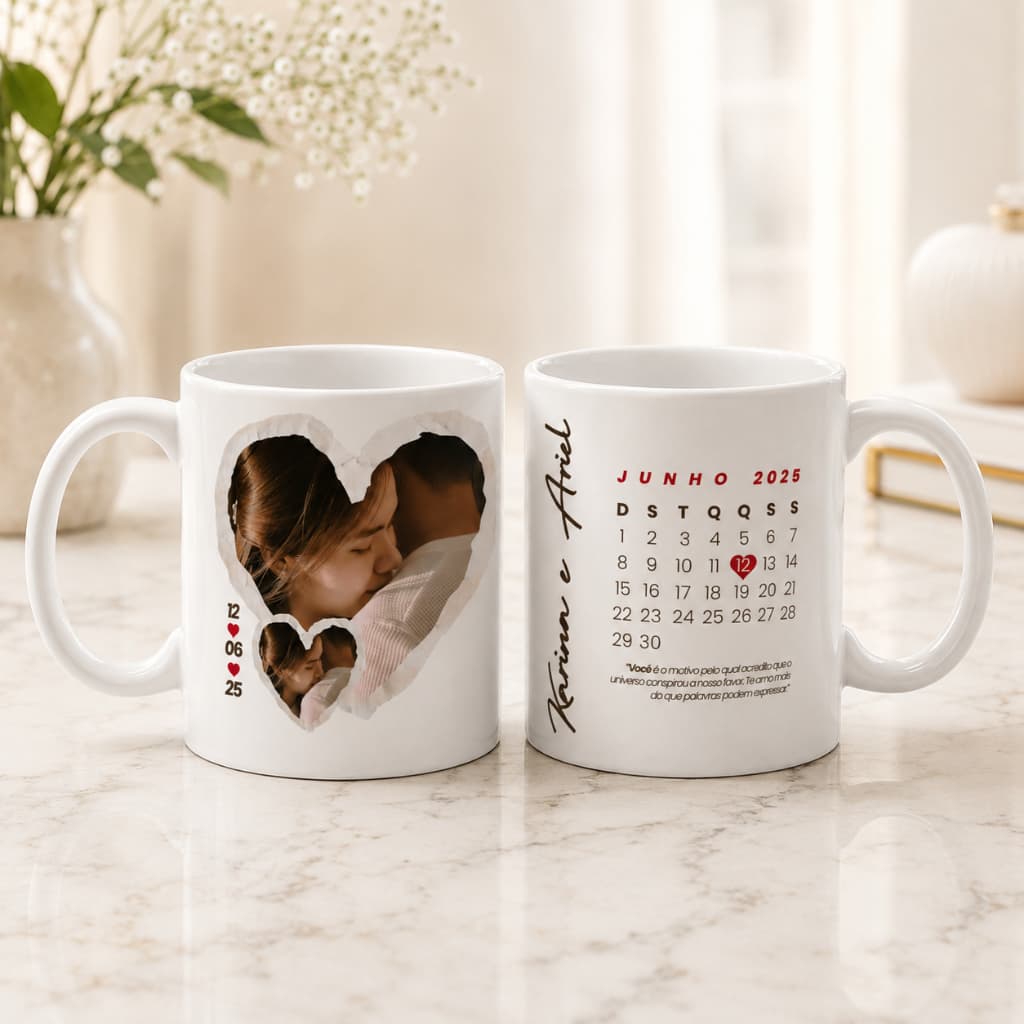 Caneca com Foto Casal Namorados Personalizada Presente Romântico com Nome e Data Xícara