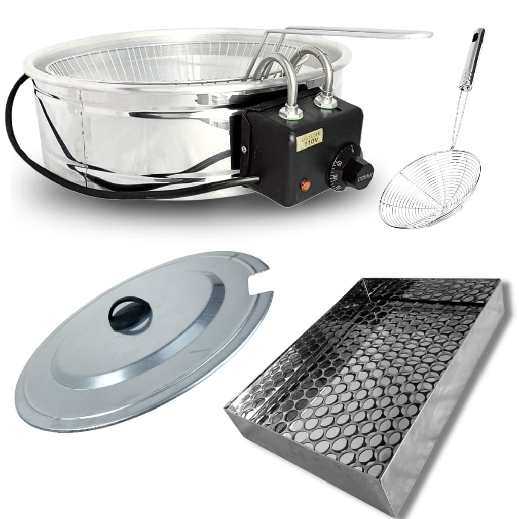 Fritadeira Elétrica Tacho 7L Inox c/ Tampa Escorredor 35cm  e  Escumadeira