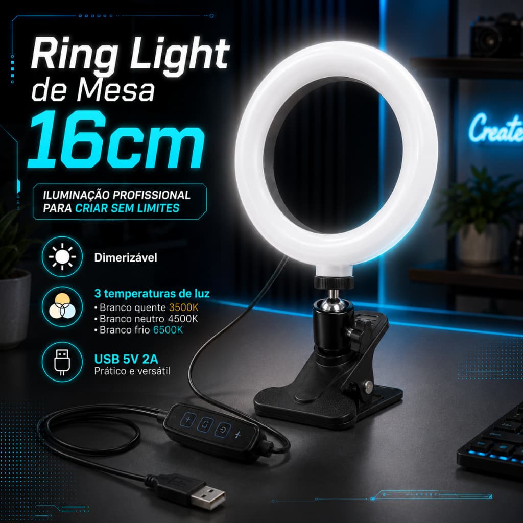 RingLight Mesa 6" Polegadas 16cm LED USB Clipe Iluminação Celular Maquiagem Live TikTok Gravação