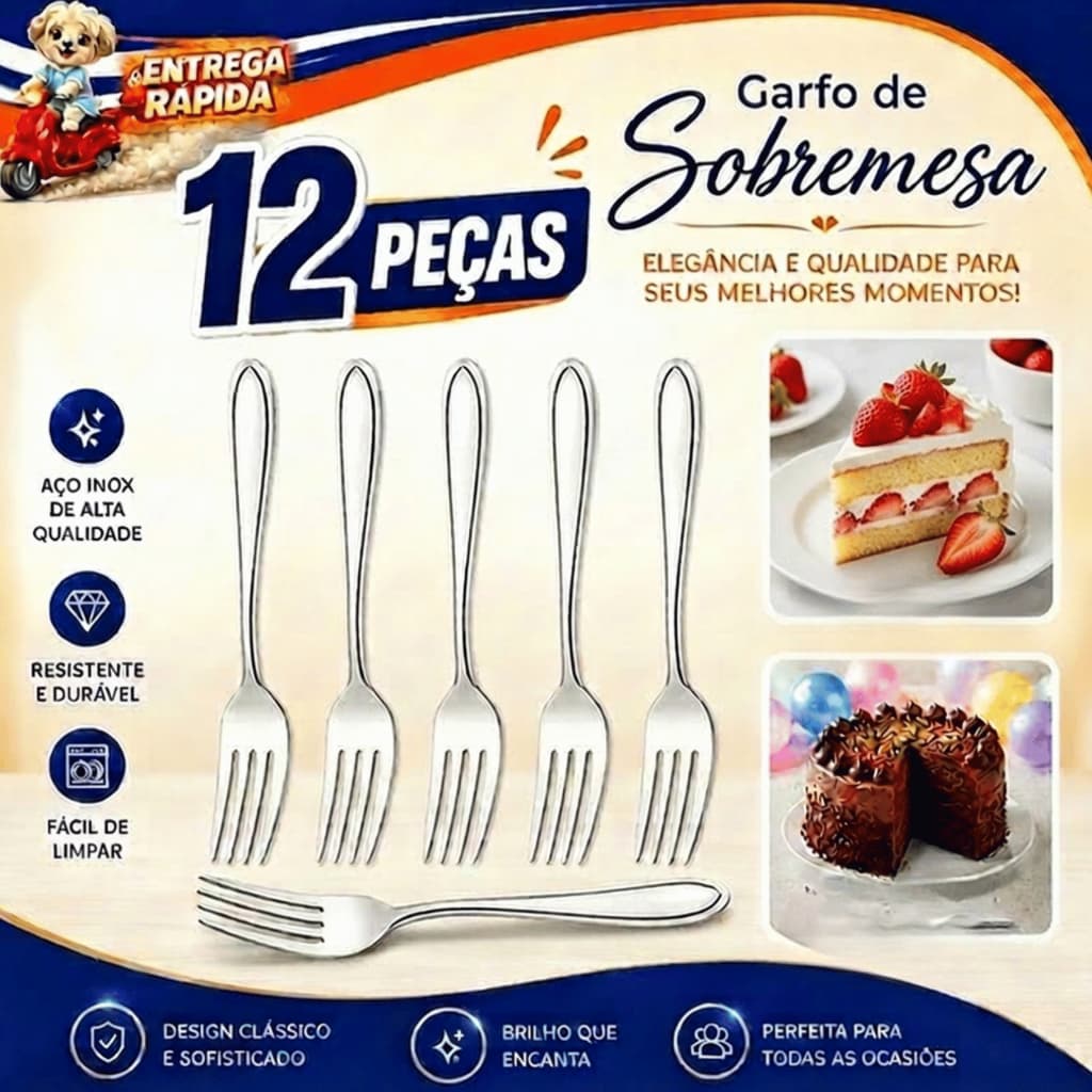 Jogo 12 Garfos de Sobremesa Inox Aço Inoxidável Premium Talheres para Mesa e Festa