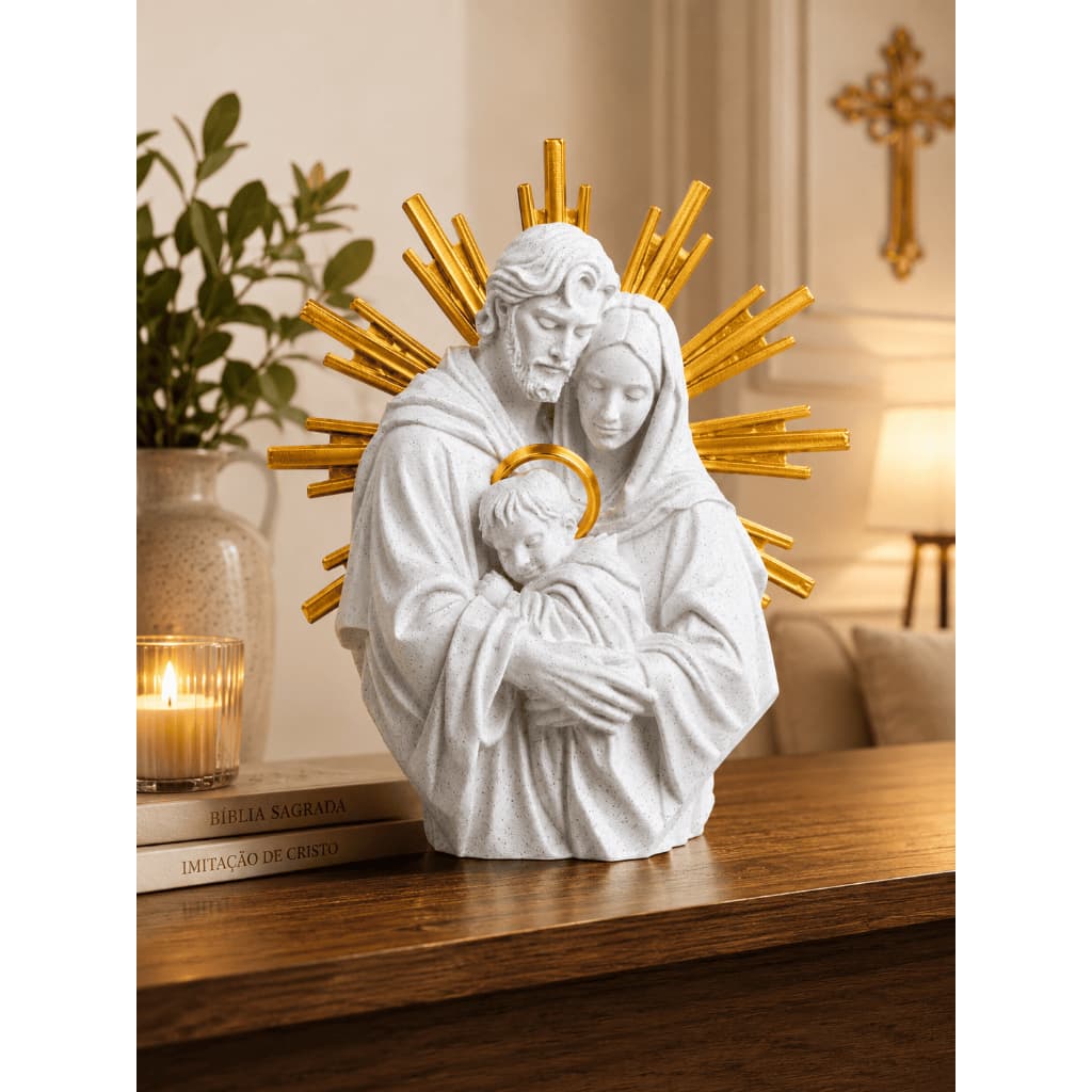 Escultura Sagrada Família Católica Decorativa 16cm Branco com Dourado Imagem Religiosa