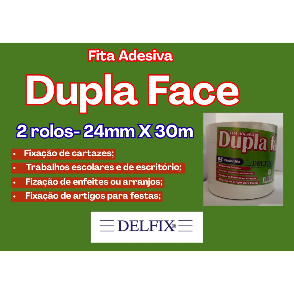 Kit com 2 rolos de Fita Adesiva Dupla Face 24mmX30m- Delfix;