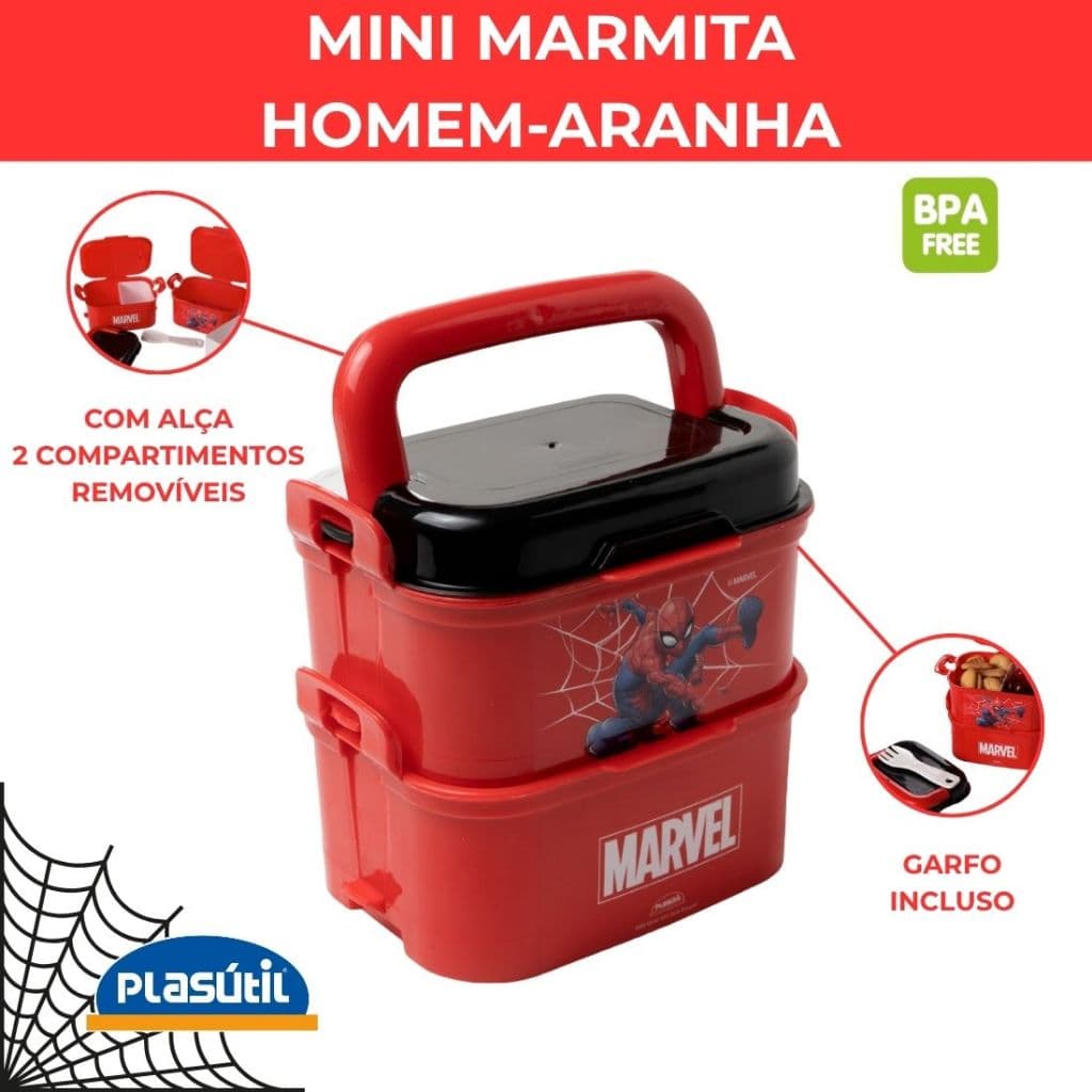 Mini Lancheira Marmita Infantil Homem-aranha Com 2 Andares E Colher Plasútil