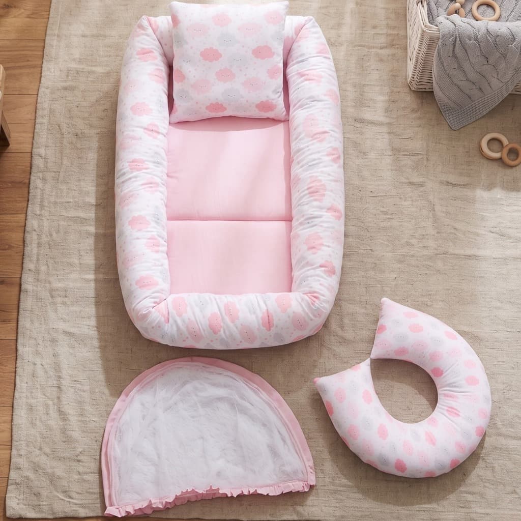 Kit Maternidade Almofada de Amamentação Mosquiteiro Ninho Redutor Bebê Menina 04 Peças Luxo