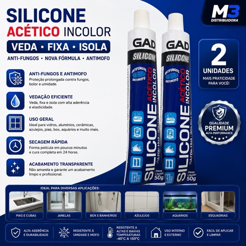 Silicone Acético Bisnaga 50g Branco ou Transparente | Veda e Sela superfícies como Pia, Box, Calhas, Vidros Tekbond
