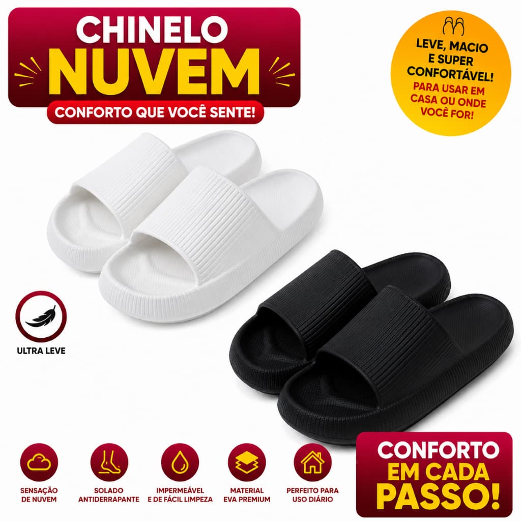 Chinelo Sandalia Slide Nuvem Conforto Ortopedico Anatômico Branco e Preto