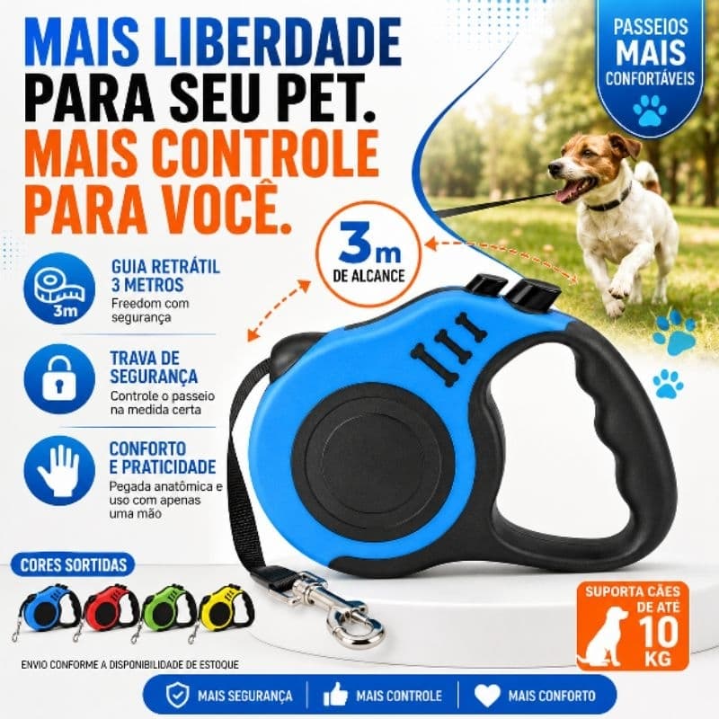 Coleira Guia Retrátil Cachorro 3m com Trava de Segurança para Cães até 10kg Passeio Pet