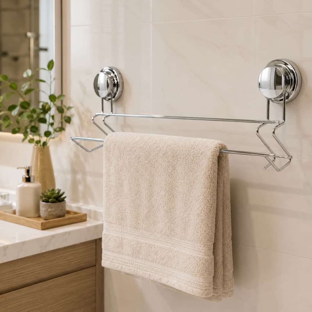 Suporte Porta Toalha de Banheiro Inox Regale 57,4x15x6,7cm Com Ventosa Sem Furo Cromado Toalete