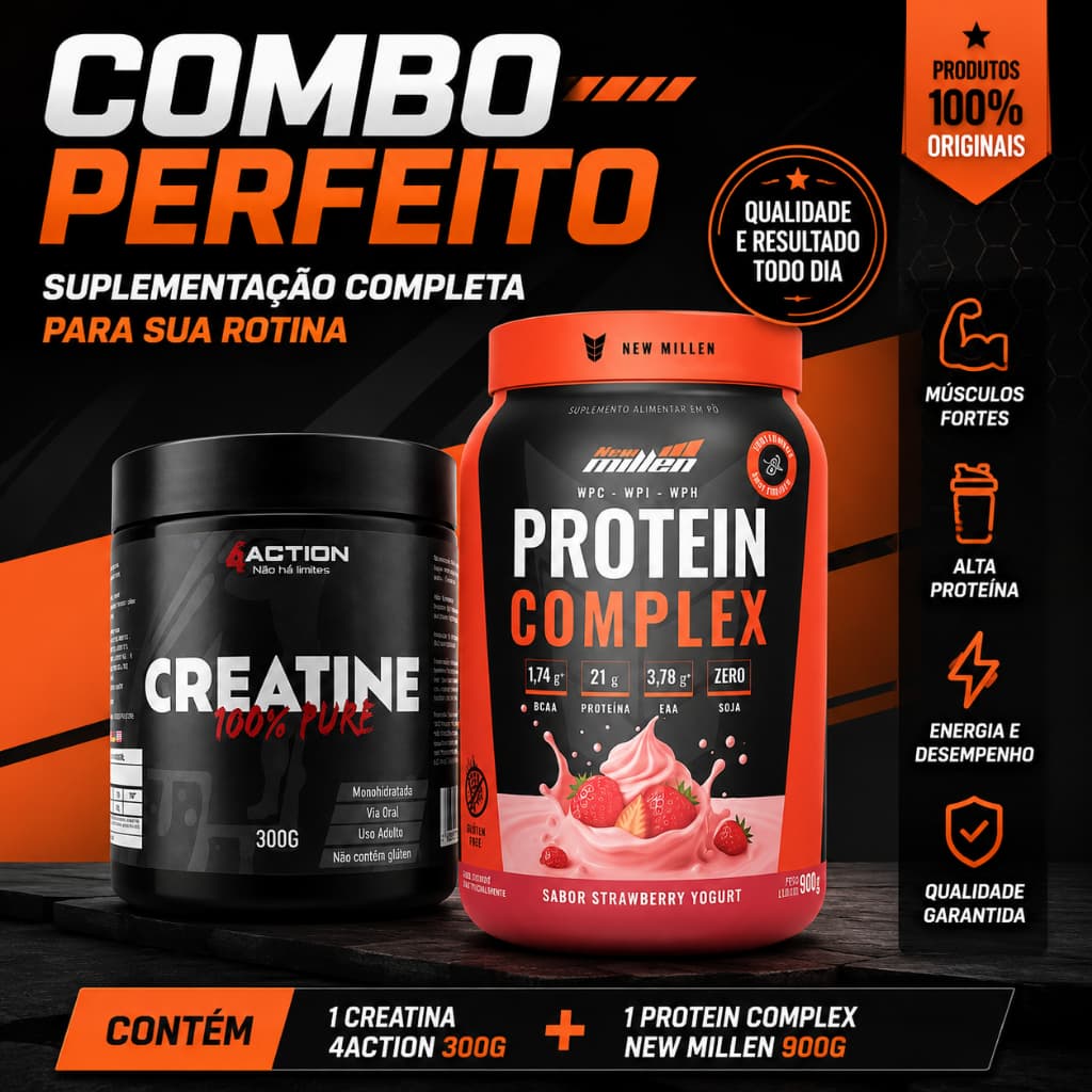 Kit Creatina Monohidratada 300g 4Action + Protein Complex New Millen 900g Iogurte de Morango