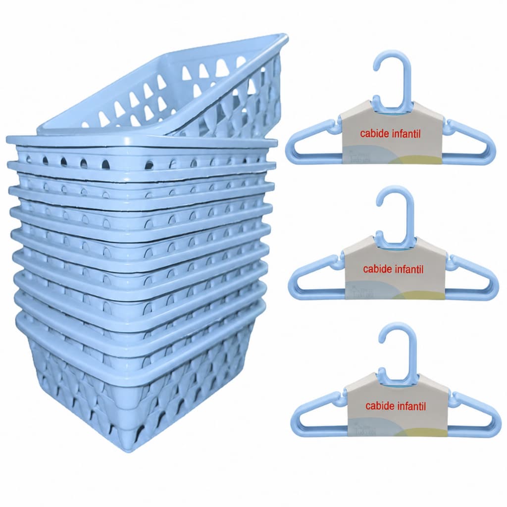 Kit 20 Cabides Infantil Azul + 10 Cestos Infantil Plástico Reforçado Criança Bebê Organizador Completo