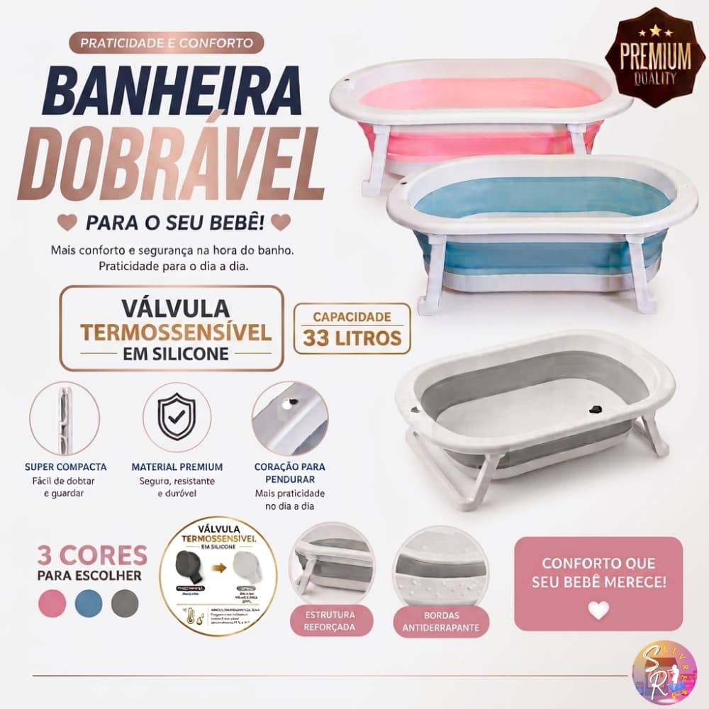 Banheira Dobrável Infantil 33 Litros Premium | Válvula Termossensível | Compacta e Fácil de Guardar