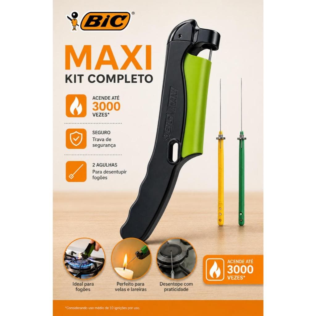 Suporte Acendedor BIC Maxi + 2 Agulhas Desentupidoras de Fogão Kit Limpeza Queimadores