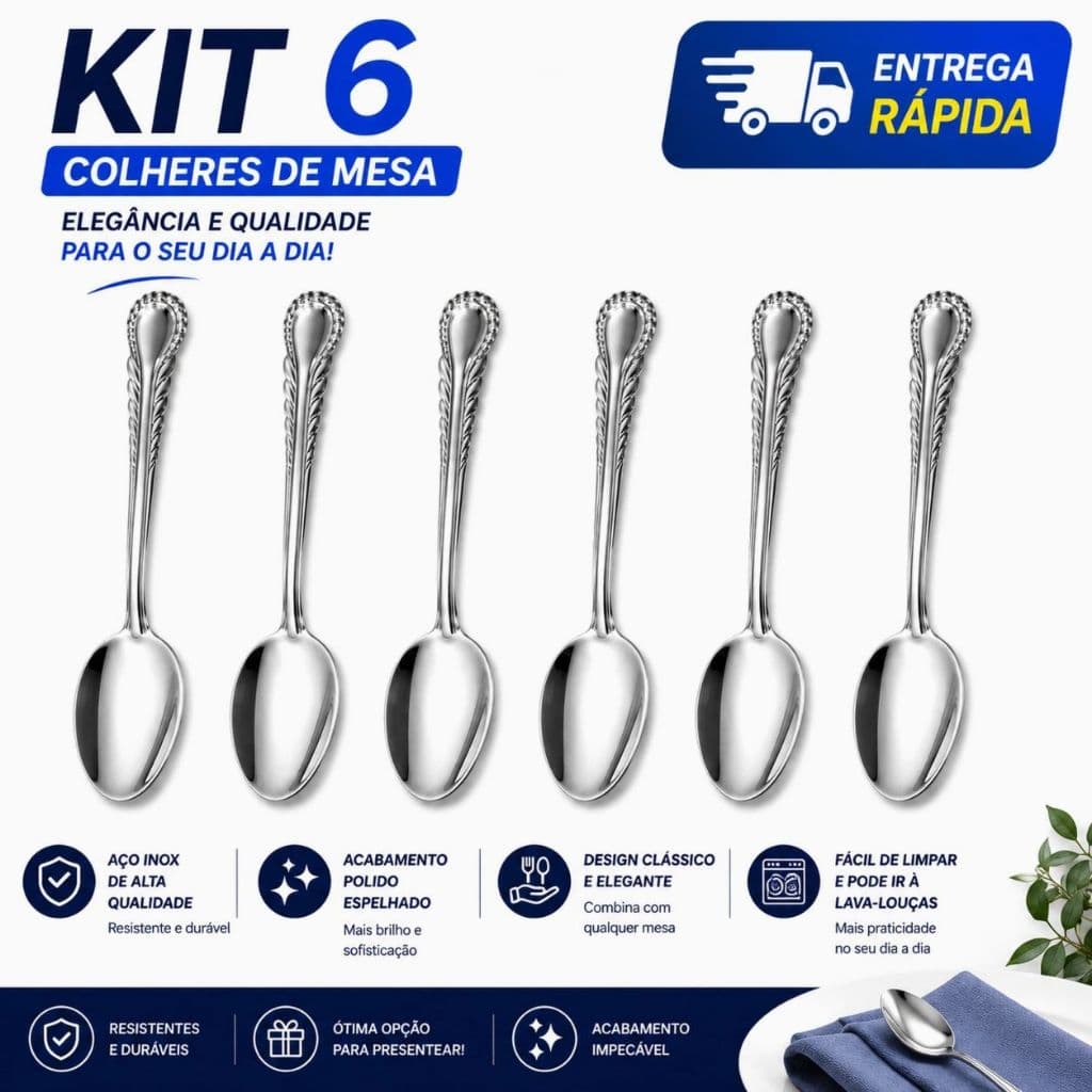 Kit 6 Colher de Mesa Talher Aço Inox para Cozinha Restaurante faqueiro
