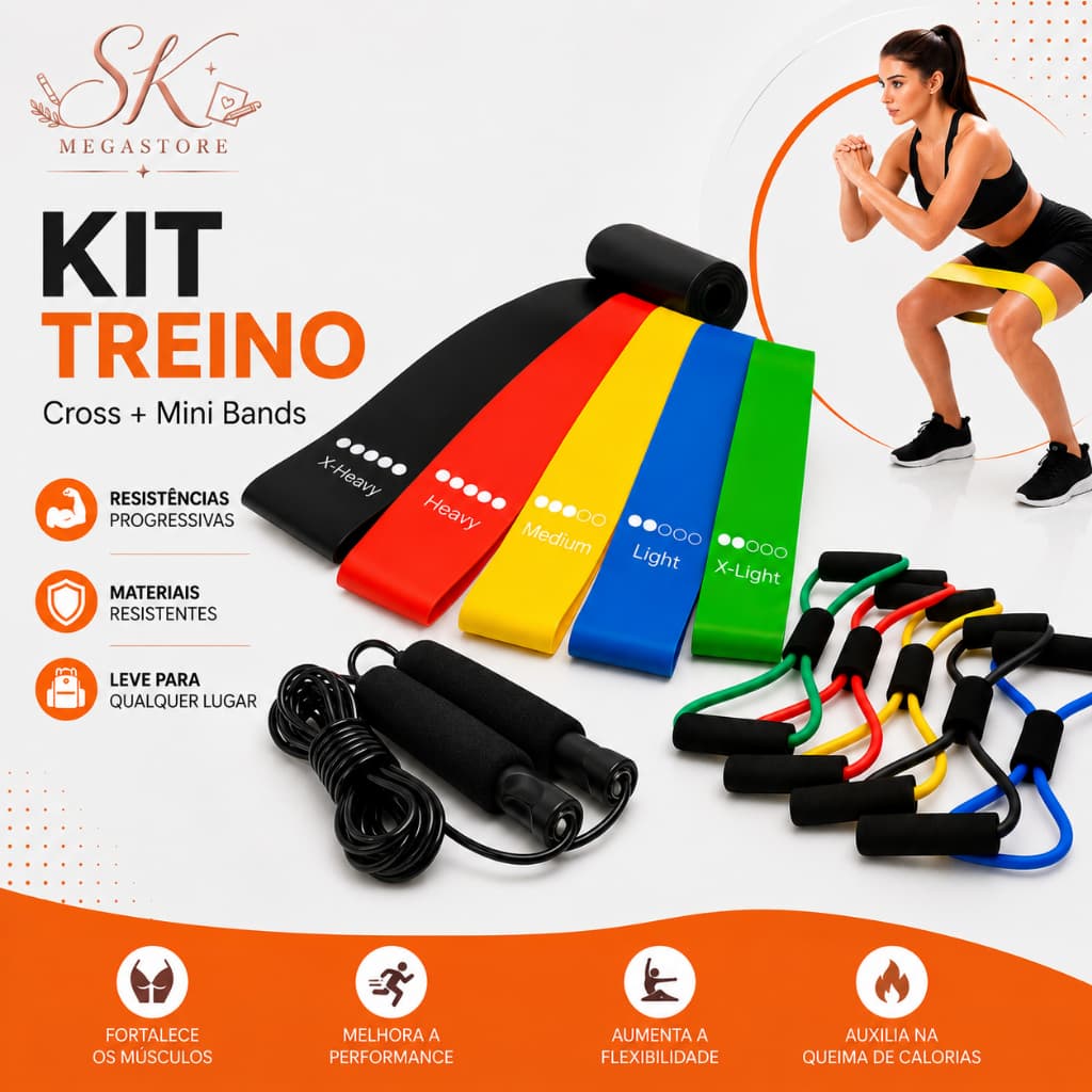 Kit Treine Em Casa Completo Elástico Extensor Cross Tube + Kit com 5 Faixa + Corda de Pular