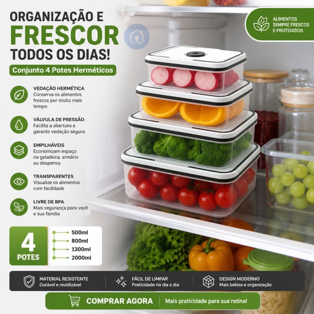 Kit 4 Potes Hermeticos Quadrados Plastico Tampa Vedacao Organizacao