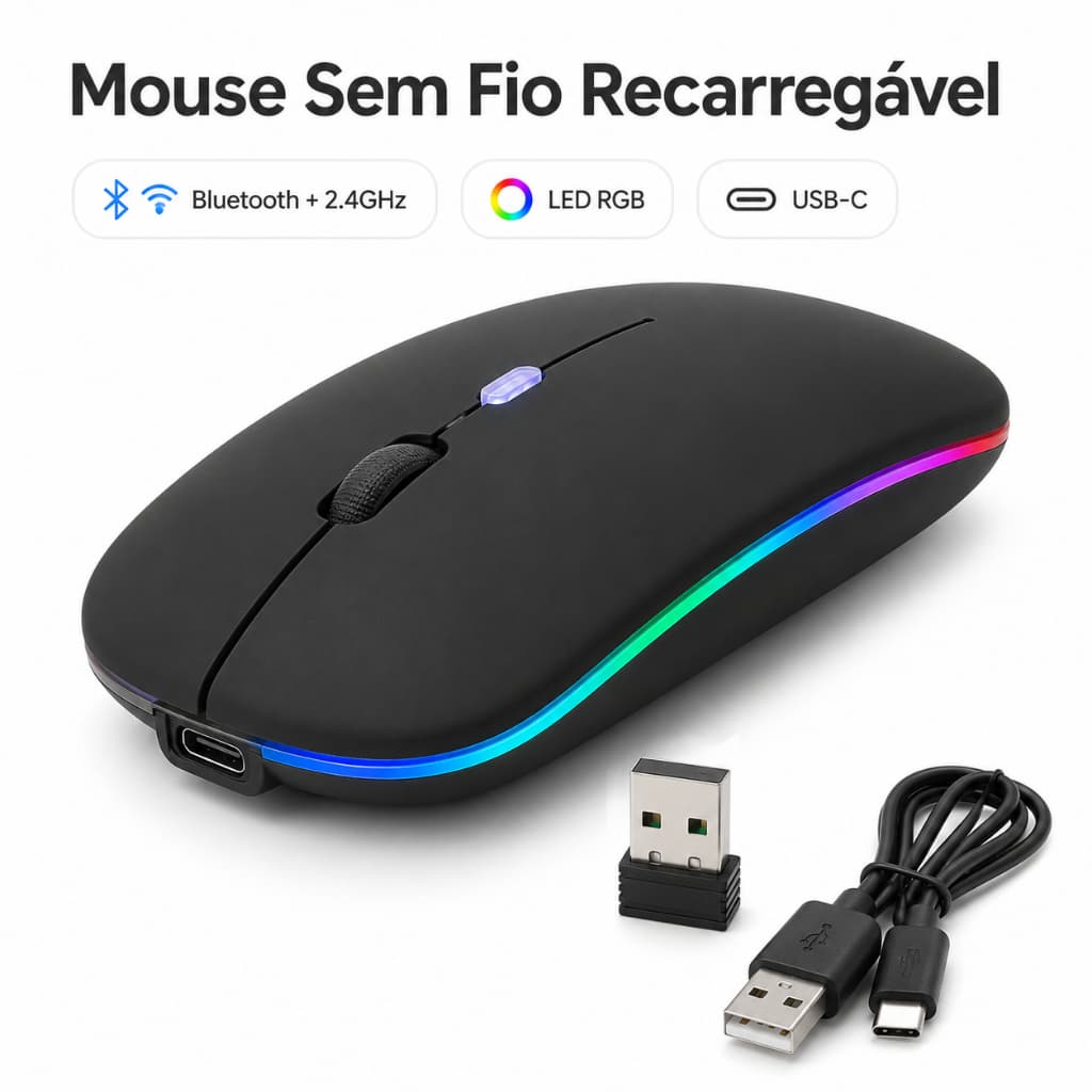 Mouse Sem Fio Recarregável Bluetooth 2.4GHz USB LED RGB 2400 DPI Ajustável Design ergonômico