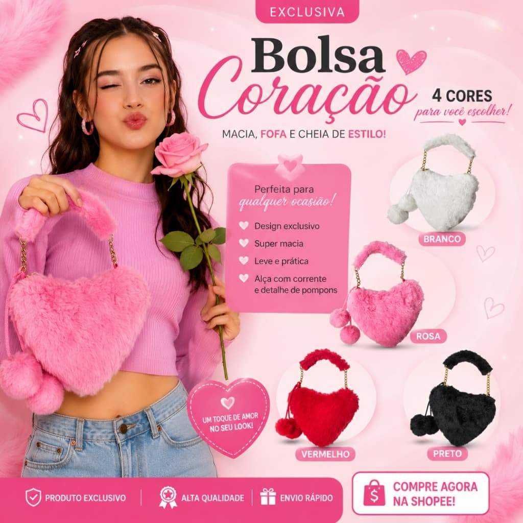 Bolsa Feminina Coração Pelúcia Luxo Fofa com Alça de Corrente Dourada + Pompom | Moda Kawaii Trend