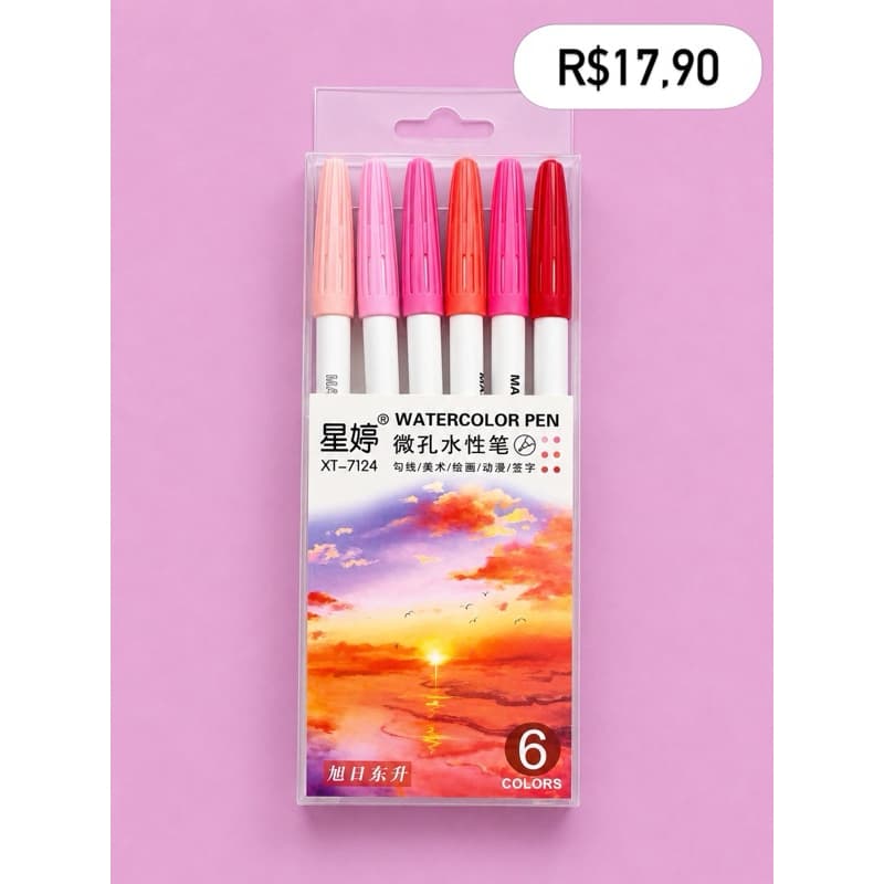 Kit Canetas Watercolor Pen 6 Cores | Canetas Artísticas para Lettering, Desenho e Colorir