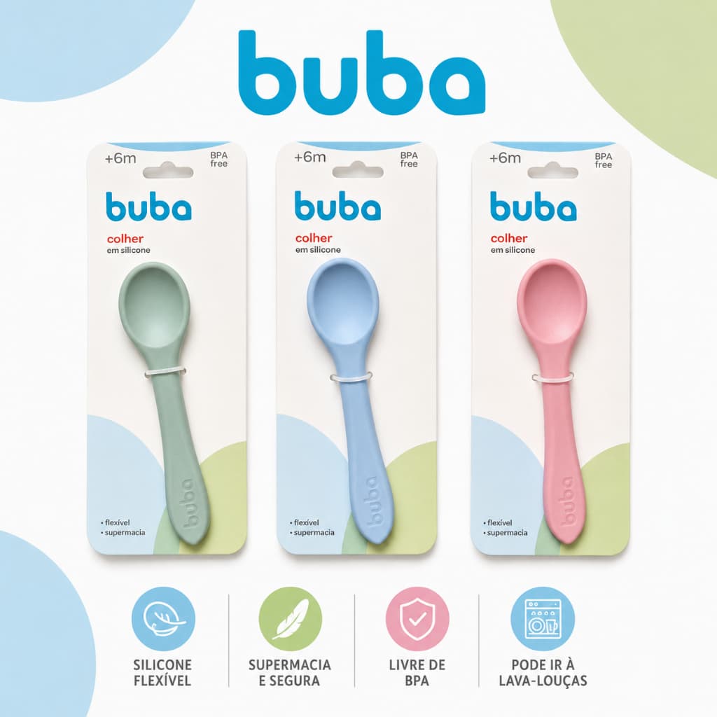 COLHER EM SILICONE BUBA MACIO FLEXÍVEL INFANTIL BEBE AZUL VERDE E ROSA